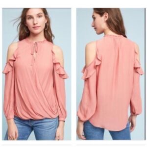 Anthropologie Maeve Liesel Ruffle Pink Open Shoulder Blouse